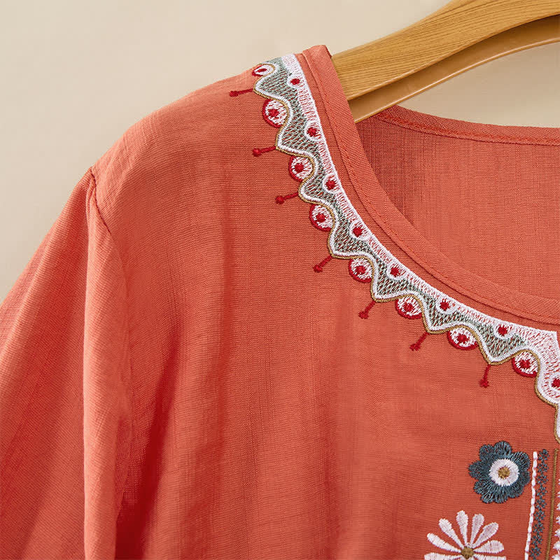 Buddha Stones春らしいボヘミアン風刺繍入り 肘丈袖 レディースTシャツ - image 3