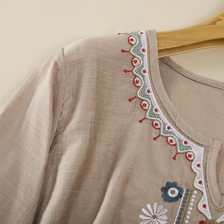 Buddha Stones春らしいボヘミアン風刺繍入り 肘丈袖 レディースTシャツ - image 21