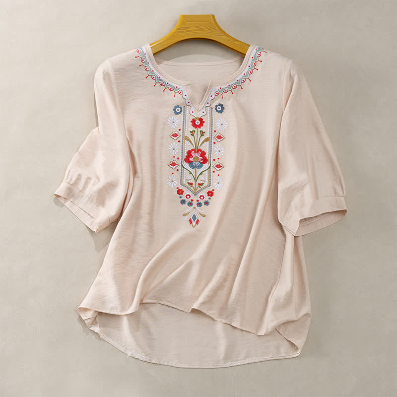 Buddha Stones春らしいボヘミアン風刺繍入り 肘丈袖 レディースTシャツ - ベージュ - US16、 UK/AU20、 EU48 (3XL) - image 13
