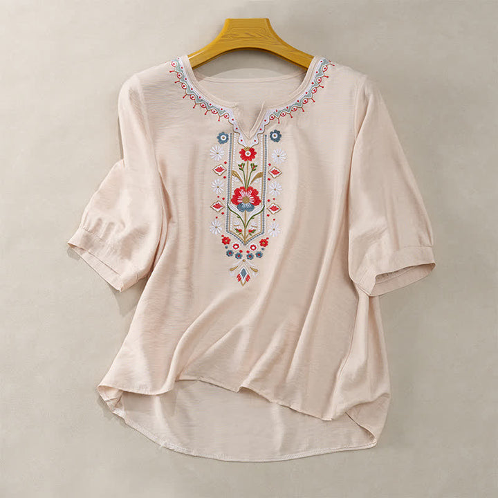 Buddha Stones春らしいボヘミアン風刺繍入り 肘丈袖 レディースTシャツ - ベージュ - US16、 UK/AU20、 EU48 (3XL) - image 13