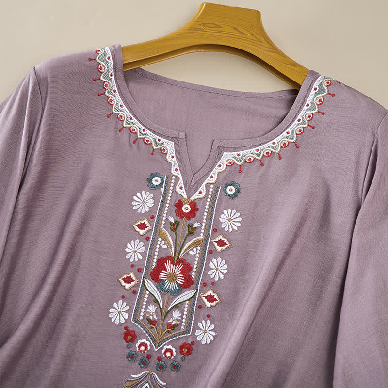 Buddha Stones春らしいボヘミアン風刺繍入り 肘丈袖 レディースTシャツ - image 9