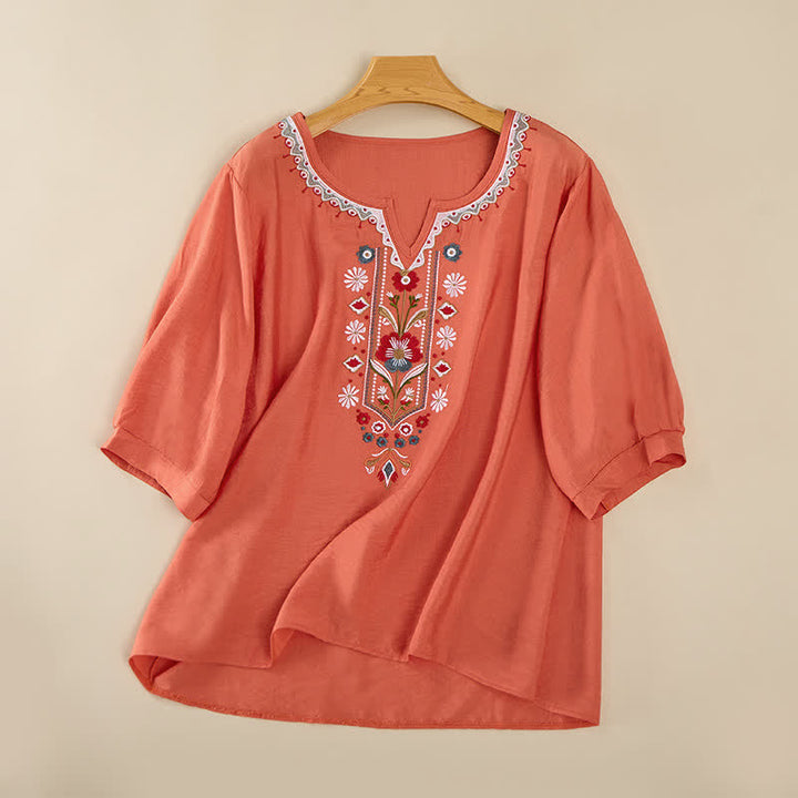 Buddha Stones春らしいボヘミアン風刺繍入り 肘丈袖 レディースTシャツ - オレンジ - US16、 UK/AU20、 EU48 (3XL) - image 0