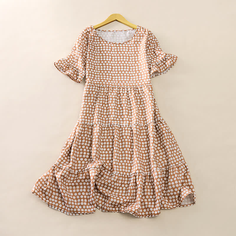 Buddha Stones 夏らしいエレガントなドット柄Aラインフリル裾半袖膝丈ワンピース - タン - US16、 UK/AU20、 EU48 (3XL) - image 29