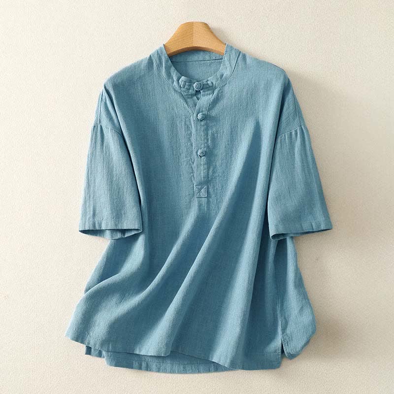 Buddha Stones 夏用スタンドカラーボタン付きコットンレディース半袖シャツ - 水色 - US8-10，UK/AU12-14，EU40-42 (2XL) - image 0