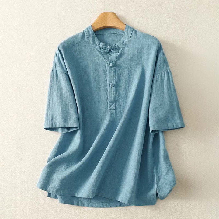 Buddha Stones 夏用スタンドカラーボタン付きコットンレディース半袖シャツ - 水色 - US8-10，UK/AU12-14，EU40-42 (2XL) - image 0