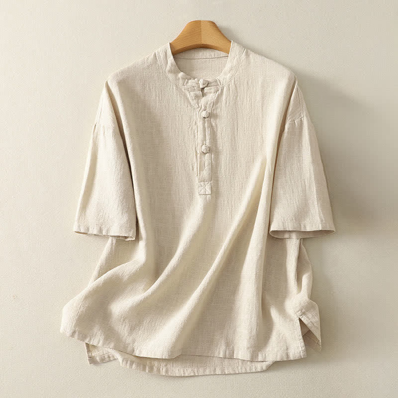 Buddha Stones 夏用スタンドカラーボタン付きコットンレディース半袖シャツ - リネン - US8-10，UK/AU12-14，EU40-42 (2XL) - image 5