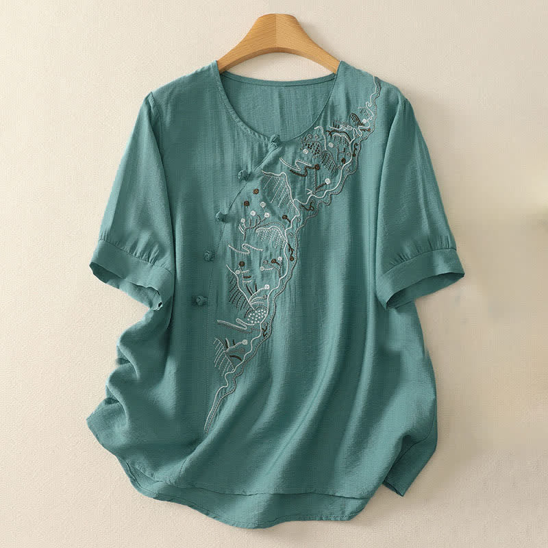 Buddha Stones サマーマウンテン刺繍入りクルーネックレディース半袖シャツ - ライトシーグリーン - US12、 UK/AU16、 EU44 (3XL) - image 0