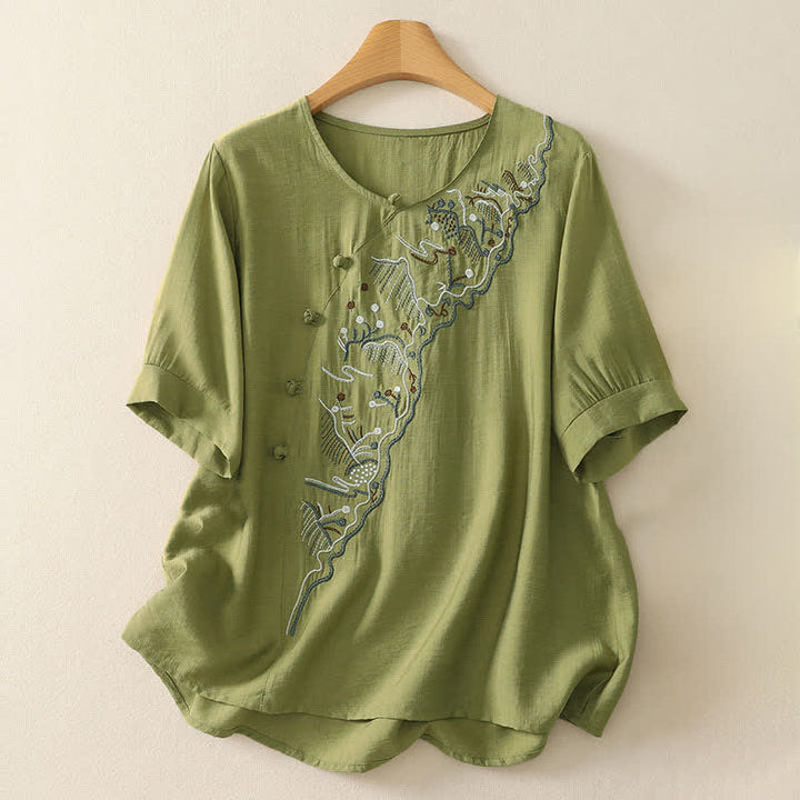 Buddha Stones サマーマウンテン刺繍入りクルーネックレディース半袖シャツ - 黄緑 - US12、 UK/AU16、 EU44 (3XL) - image 10