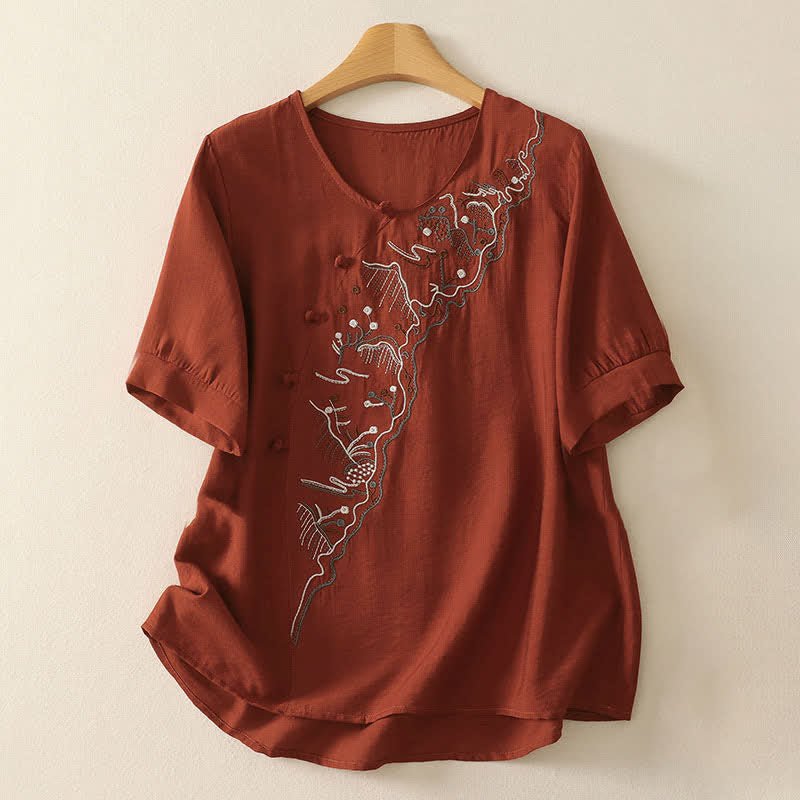 Buddha Stones サマーマウンテン刺繍入りクルーネックレディース半袖シャツ - 耐火レンガ - US12、 UK/AU16、 EU44 (3XL) - image 15