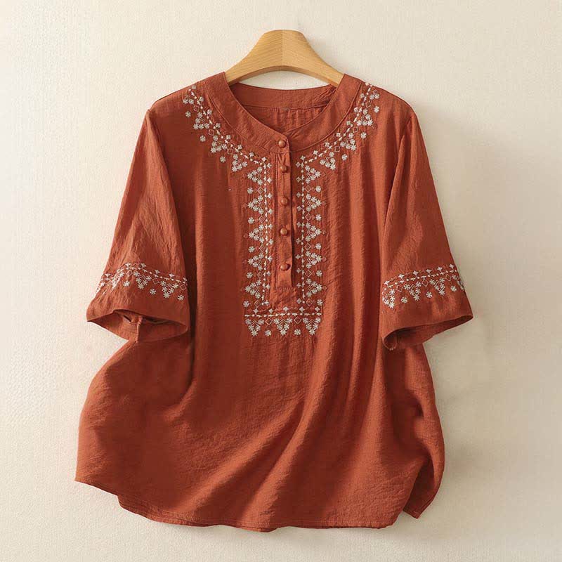 Buddha Stones 春物刺繍入りコットンハーフボタンレディース半袖シャツ - トマト - US8-10，UK/AU12-14，EU40-42 (2XL) - image 0