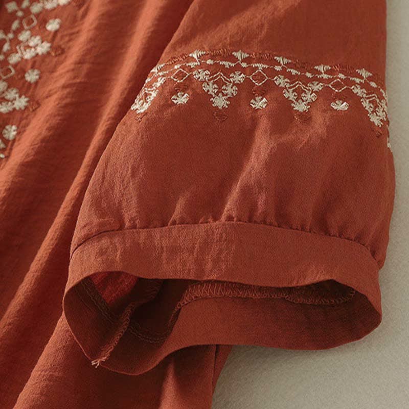 Buddha Stones 春物刺繍入りコットンハーフボタンレディース半袖シャツ - image 3
