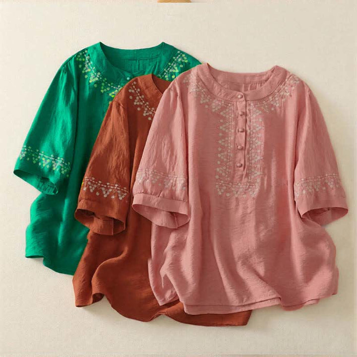 Buddha Stones 春物刺繍入りコットンハーフボタンレディース半袖シャツ - image 20