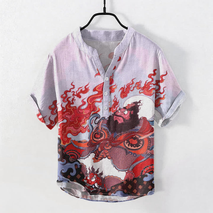 Buddha Stones コットン製、ミシックフレイムプリント、メンズ半袖ハーフボタンシャツ - アザミ - US/UK/AU50、EU60（5XL） - image 3