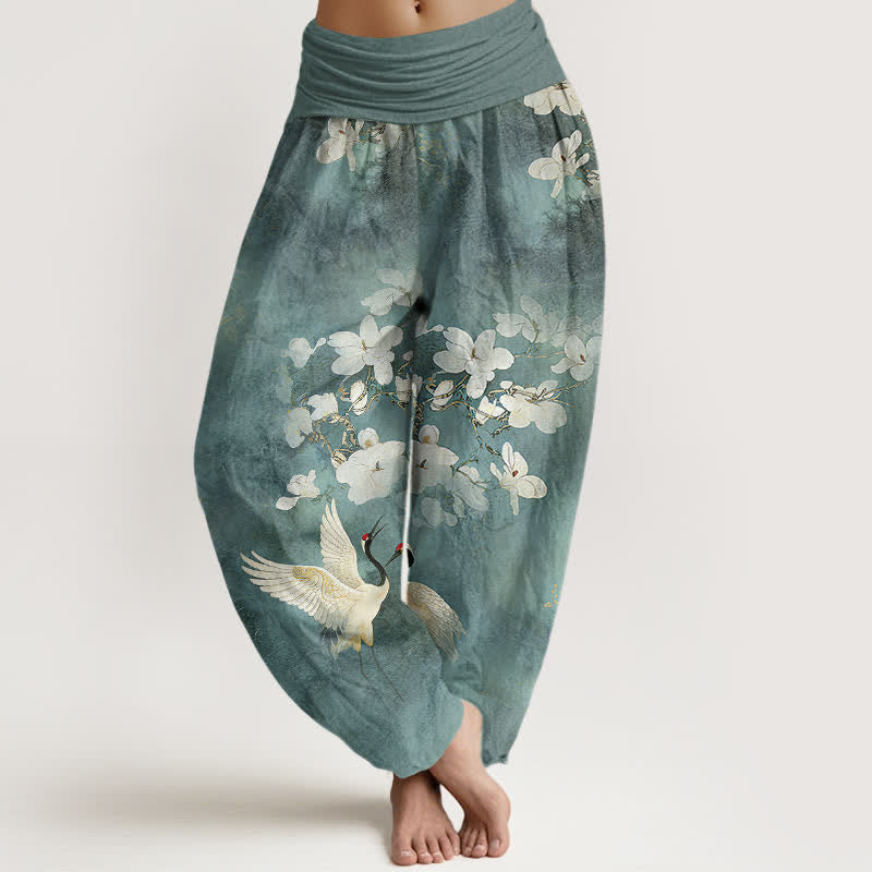 Buddha Stones 鶴の花柄ハイウエストレディースハーレムパンツ（ピュアコットン） - カデットブルー - US16、 UK/AU20、 EU48 (3XL) - image 0