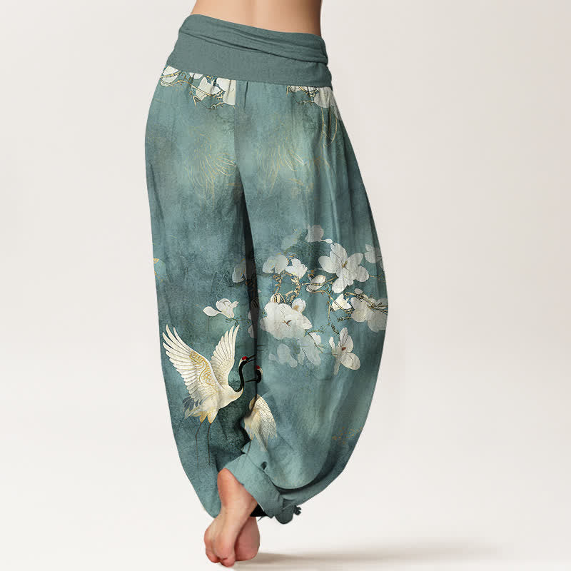 Buddha Stones 鶴の花柄ハイウエストレディースハーレムパンツ（ピュアコットン） - image 1