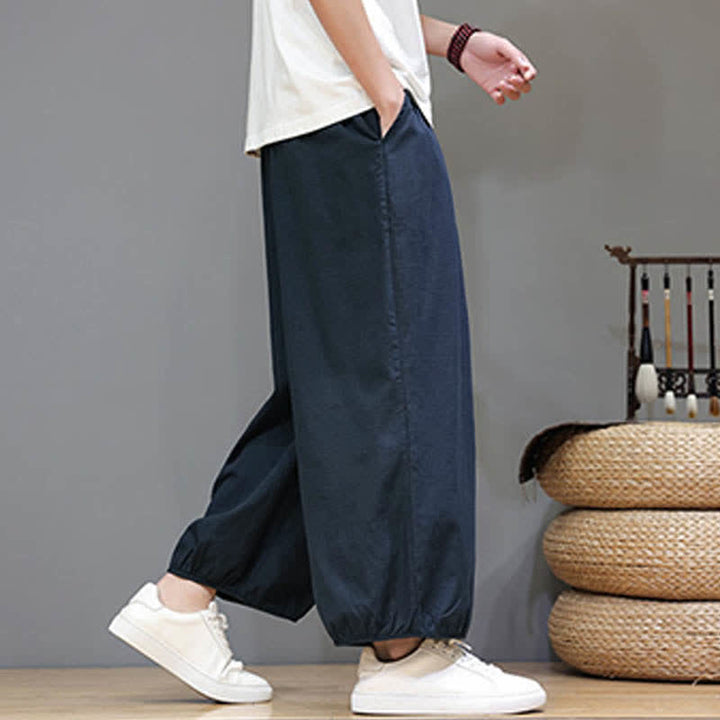 Buddha Stones サマーゼン ゴムウエストカフ メンズ クロップド ハーレムパンツ ポケット付き - image 2