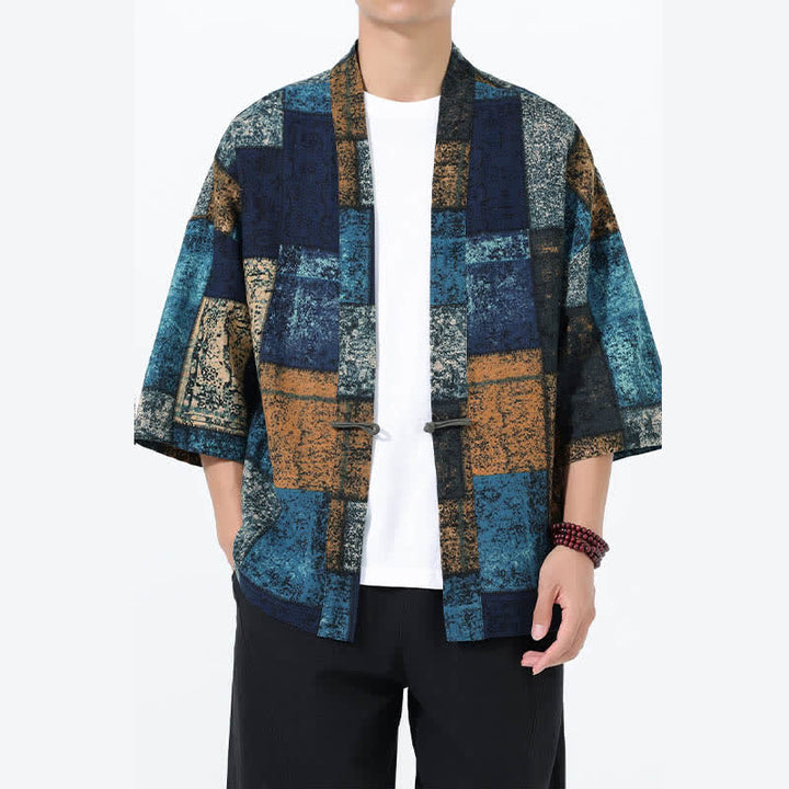 Buddha Stones 夏のトロピカルリーフ柄リネン混紡メンズ半袖着物 - カデットブルー - US/UK/AU46、 EU56 (5XL) - image 7