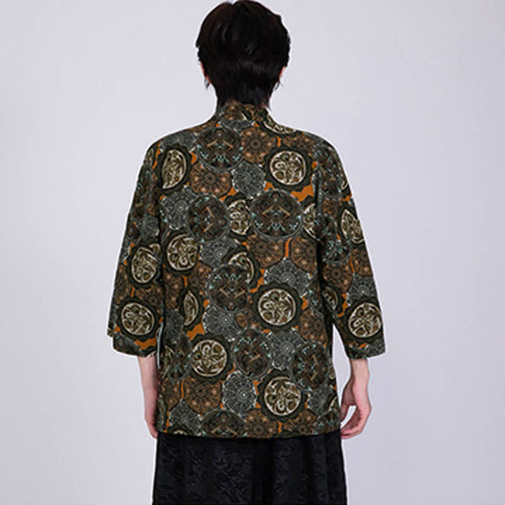 Buddha Stones 夏のトロピカルリーフ柄リネン混紡メンズ半袖着物 - image 17