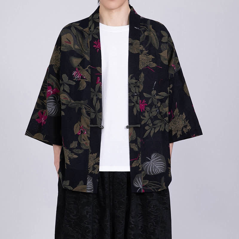 Buddha Stones 夏のトロピカルリーフ柄リネン混紡メンズ半袖着物 - 黒 - US/UK/AU46、 EU56 (5XL) - image 11
