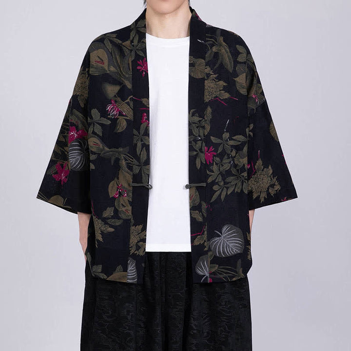 Buddha Stones 夏のトロピカルリーフ柄リネン混紡メンズ半袖着物 - 黒 - US/UK/AU46、 EU56 (5XL) - image 11