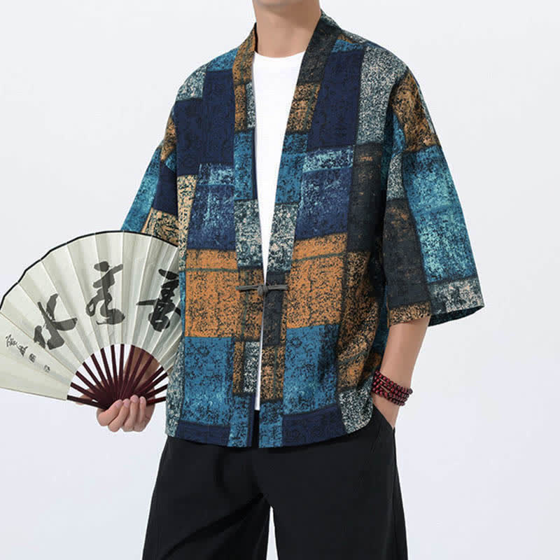 Buddha Stones 夏のトロピカルリーフ柄リネン混紡メンズ半袖着物 - image 10