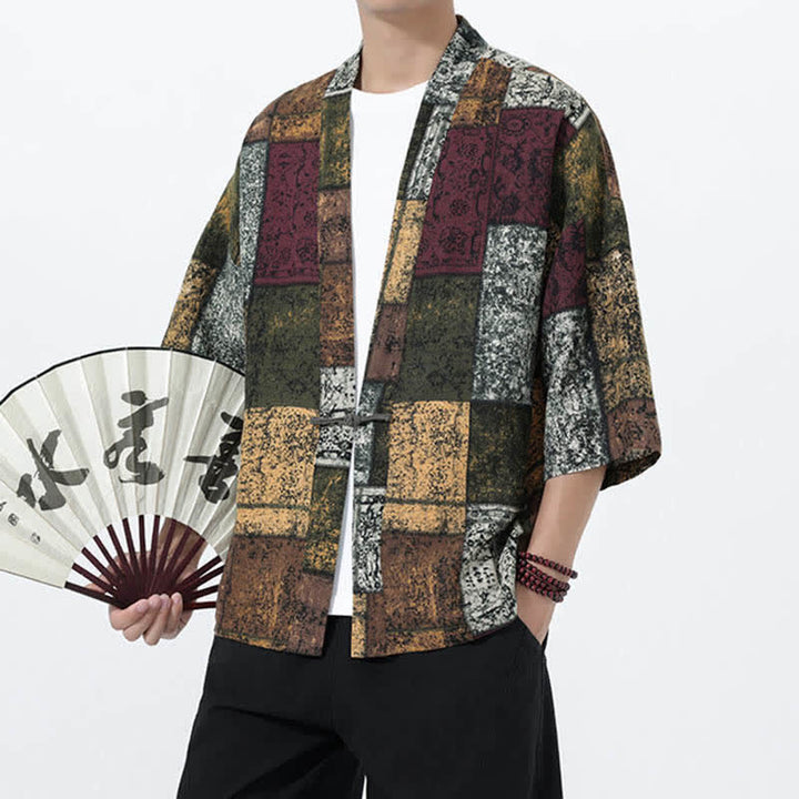 Buddha Stones 夏のトロピカルリーフ柄リネン混紡メンズ半袖着物 - image 21