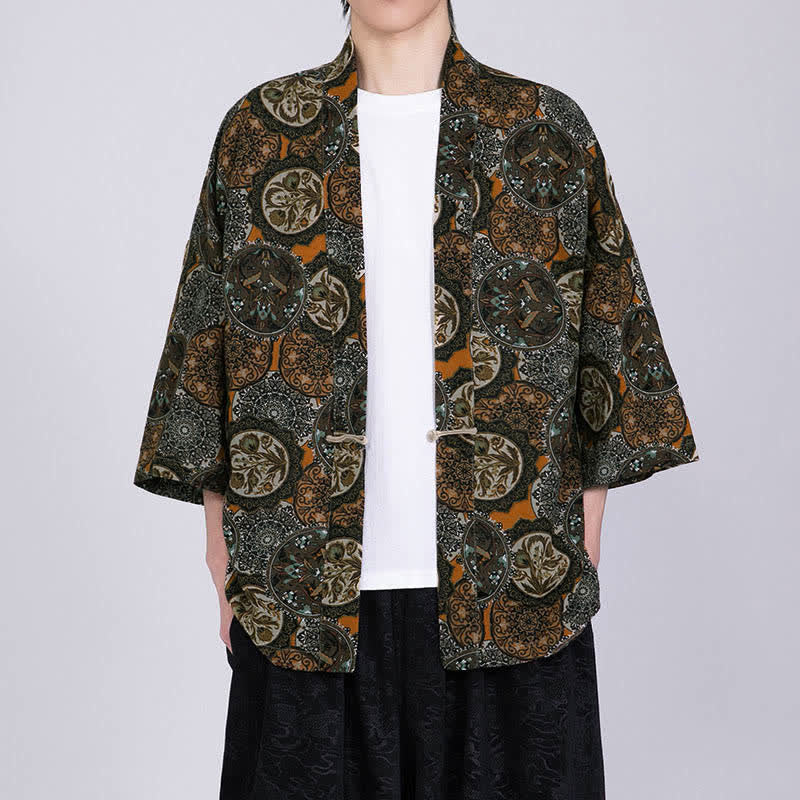 Buddha Stones 夏のトロピカルリーフ柄リネン混紡メンズ半袖着物 - image 16