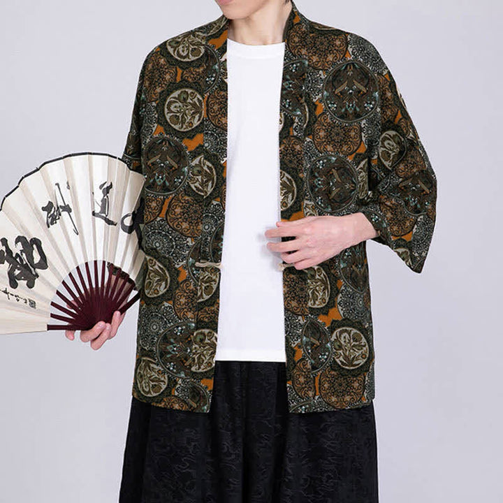 Buddha Stones 夏のトロピカルリーフ柄リネン混紡メンズ半袖着物 - image 14