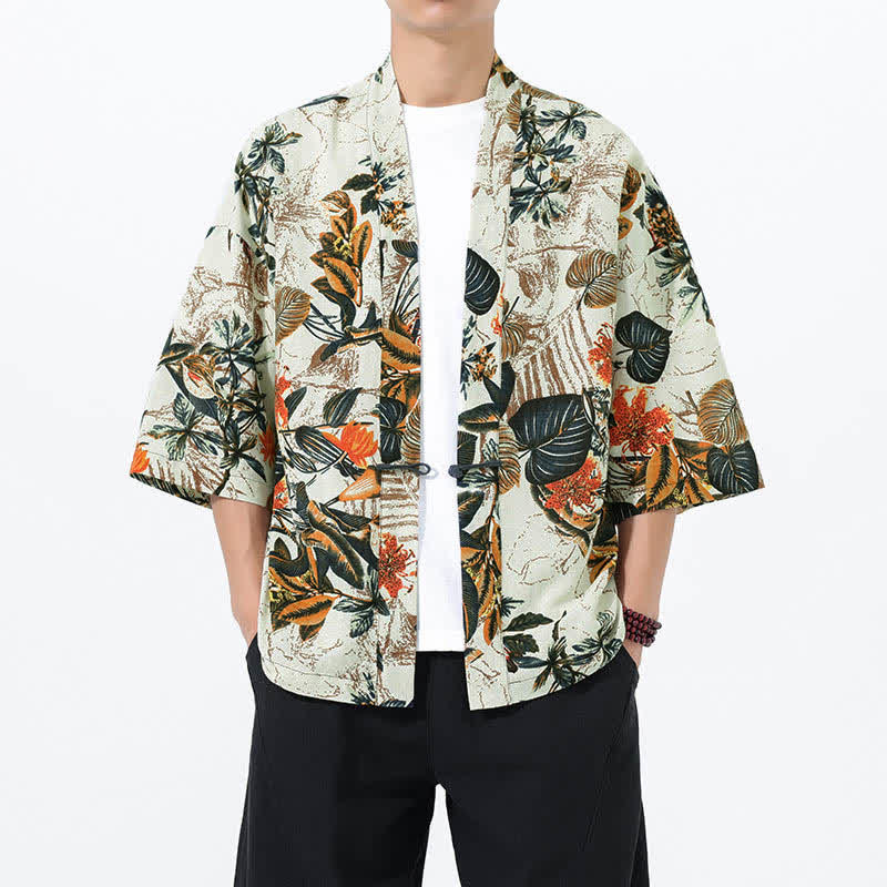 Buddha Stones 夏のトロピカルリーフ柄リネン混紡メンズ半袖着物 - 白 - US/UK/AU46、 EU56 (5XL) - image 0