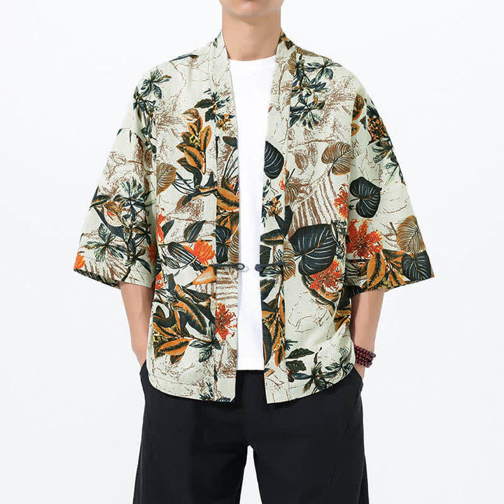 Buddha Stones 夏のトロピカルリーフ柄リネン混紡メンズ半袖着物 - 白 - US/UK/AU46、 EU56 (5XL) - image 0