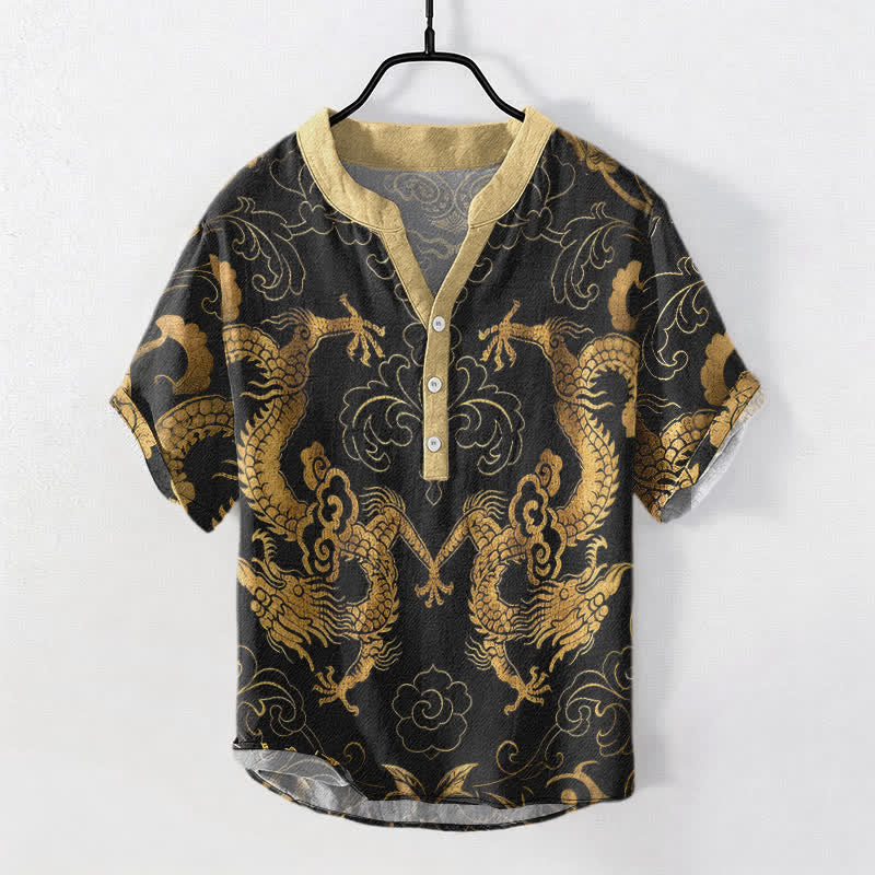 Buddha Stones コットン製ドラゴンクラウドエンブレムメンズ半袖ハーフボタンシャツ - 金 - US/UK/AU50、EU60（5XL） - image 0