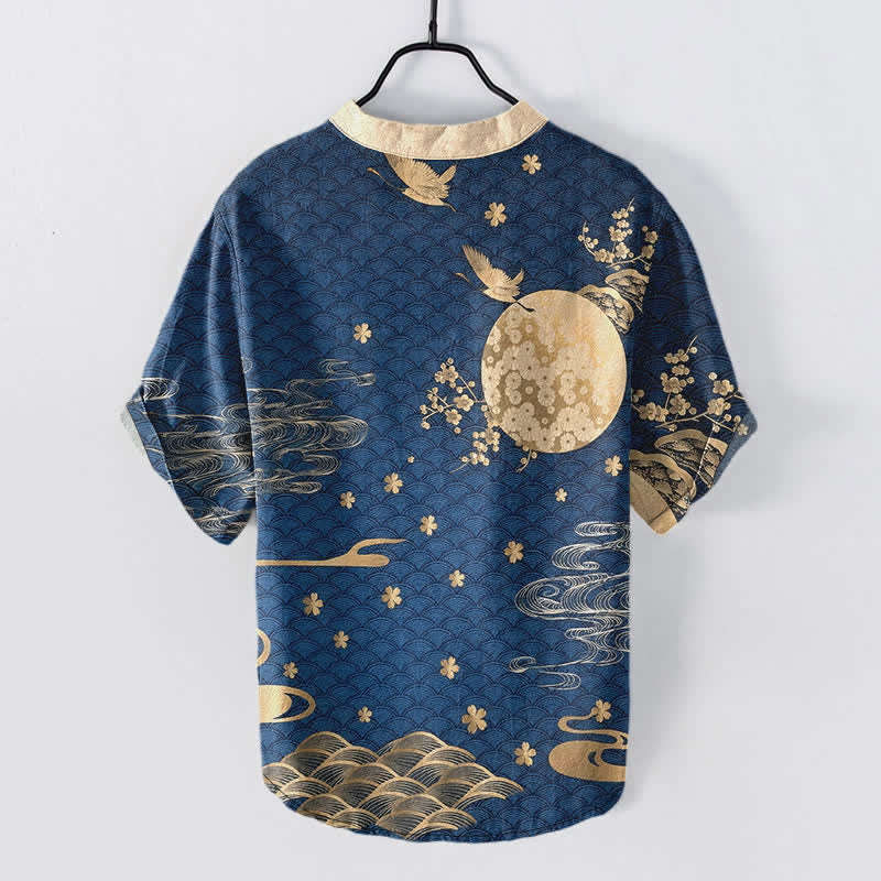 Buddha Stones 綿梅満月鶴エンブレム メンズ半袖ハーフボタンシャツ - image 1