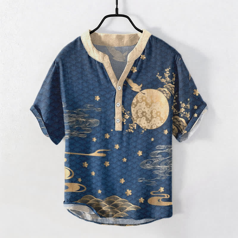 Buddha Stones 綿梅満月鶴エンブレム メンズ半袖ハーフボタンシャツ - スチールブルー - US/UK/AU50、EU60（5XL） - image 0