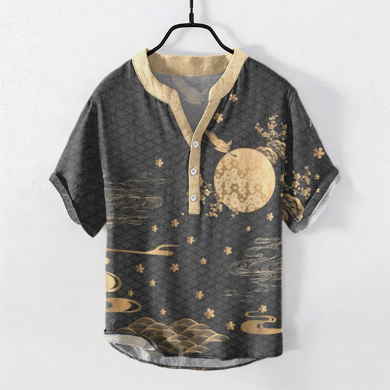 Buddha Stones 綿梅満月鶴エンブレム メンズ半袖ハーフボタンシャツ - 薄暗い灰色 - US/UK/AU50、EU60（5XL） - image 5