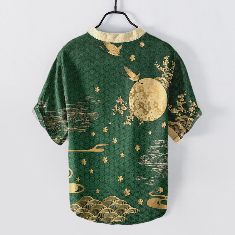 Buddha Stones 綿梅満月鶴エンブレム メンズ半袖ハーフボタンシャツ - image 8