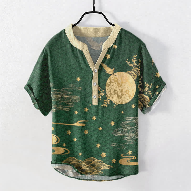 Buddha Stones 綿梅満月鶴エンブレム メンズ半袖ハーフボタンシャツ - ダークグリーン - US/UK/AU50、EU60（5XL） - image 7