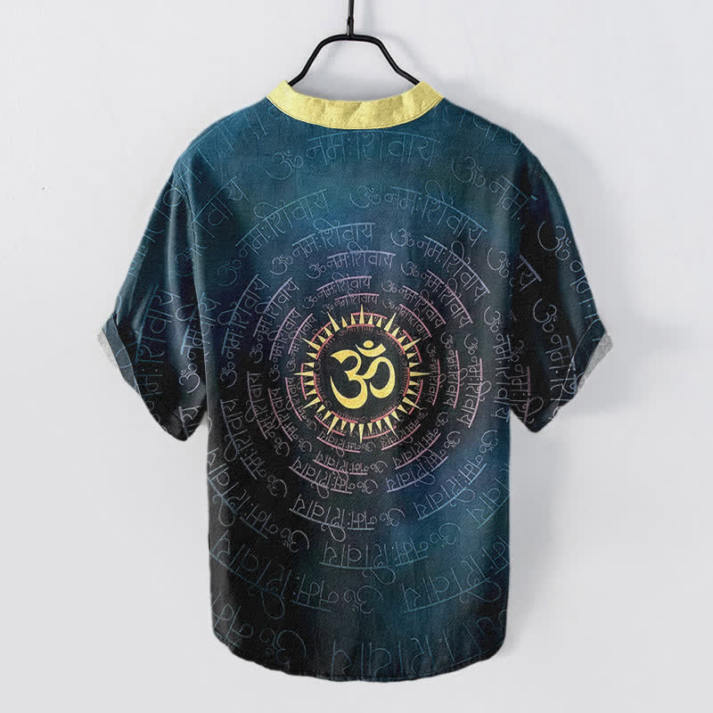Buddha Stones コットン製オムマントラエンブレム入りメンズ半袖ハーフボタンシャツ - image 1
