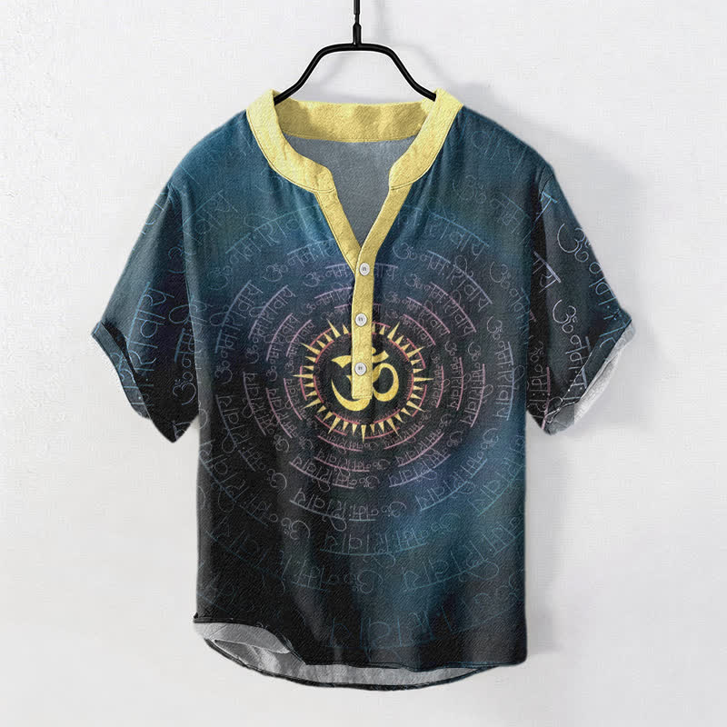 Buddha Stones コットン製オムマントラエンブレム入りメンズ半袖ハーフボタンシャツ - ティール - US/UK/AU50、EU60（5XL） - image 0