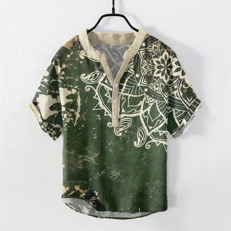 Buddha Stones コットン製ロータスマンダラエンブレム メンズ半袖ハーフボタンシャツ - ダークグリーン - US/UK/AU50、EU60（5XL） - image 0