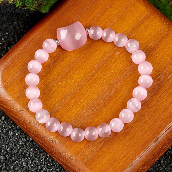 Buddha Stones かわいい猫のデザイン、ブルーレースアゲート、クリアクォーツビーズブレスレット - ピンクキャッツアイ（手首周り15～16cm） - image 18