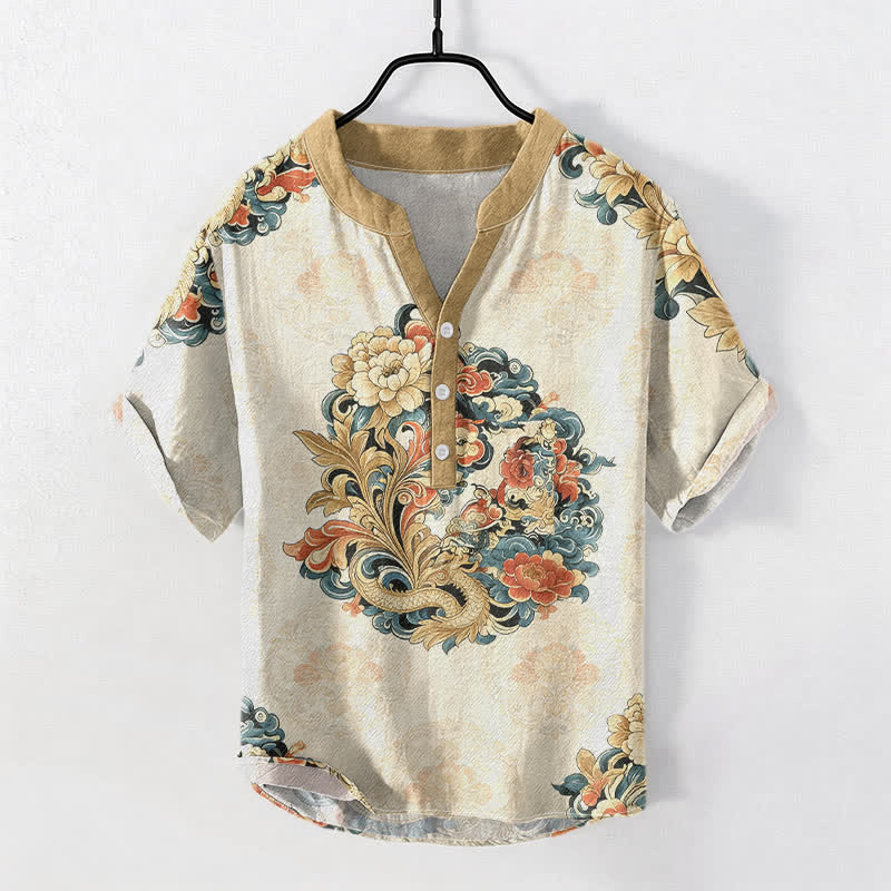 Buddha Stones 綿素材の東洋牡丹鳳凰柄メンズ半袖ハーフボタンシャツ - ベージュ - US/UK/AU50、EU60（5XL） - image 0