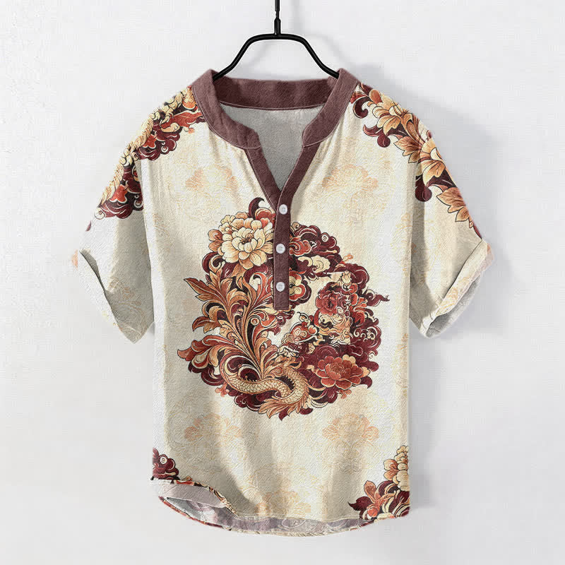 Buddha Stones 綿素材の東洋牡丹鳳凰柄メンズ半袖ハーフボタンシャツ - 茶色 - US/UK/AU50、EU60（5XL） - image 3