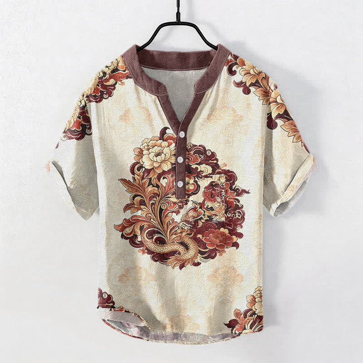 Buddha Stones 綿素材の東洋牡丹鳳凰柄メンズ半袖ハーフボタンシャツ - 茶色 - US/UK/AU50、EU60（5XL） - image 3