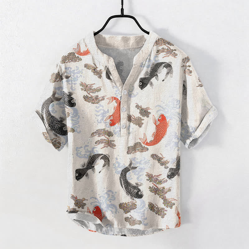 Buddha Stones コットン製鯉と波模様のメンズ半袖ハーフボタンシャツ - リネン - US/UK/AU50、EU60（5XL） - image 0