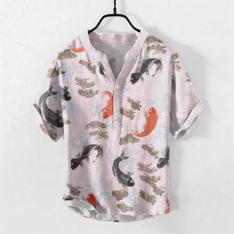 Buddha Stones コットン製鯉と波模様のメンズ半袖ハーフボタンシャツ - ラベンダーブラッシュ - US/UK/AU50、EU60（5XL） - image 5