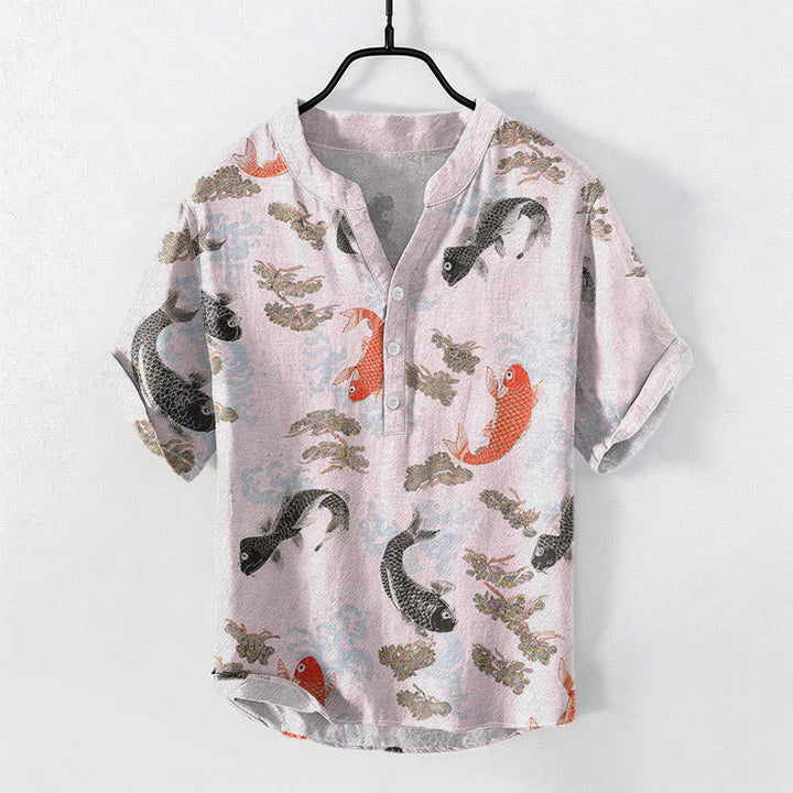 Buddha Stones コットン製鯉と波模様のメンズ半袖ハーフボタンシャツ - ラベンダーブラッシュ - US/UK/AU50、EU60（5XL） - image 5