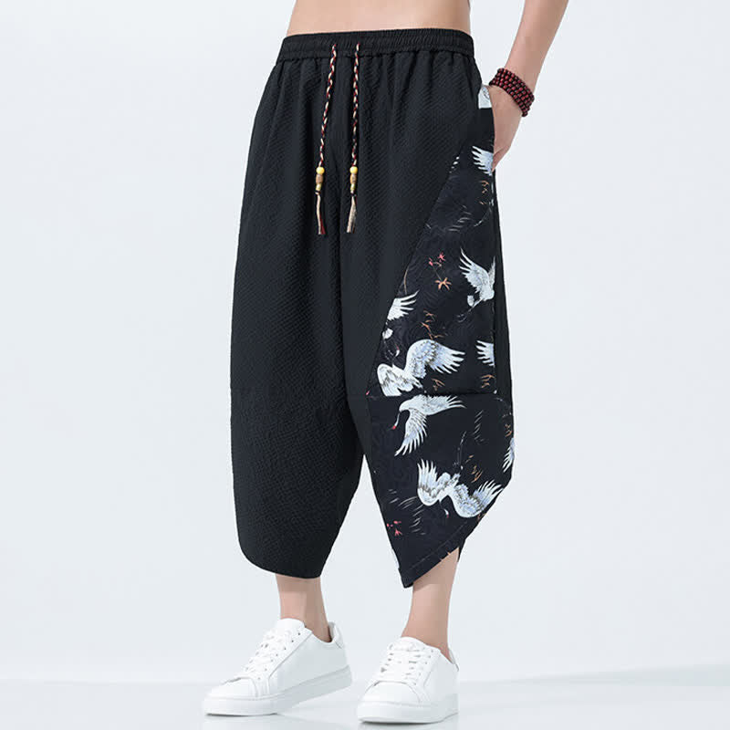 Buddha Stones 夏用ドローストリングタッセル鶴柄メンズハーレムパンツ - image 13