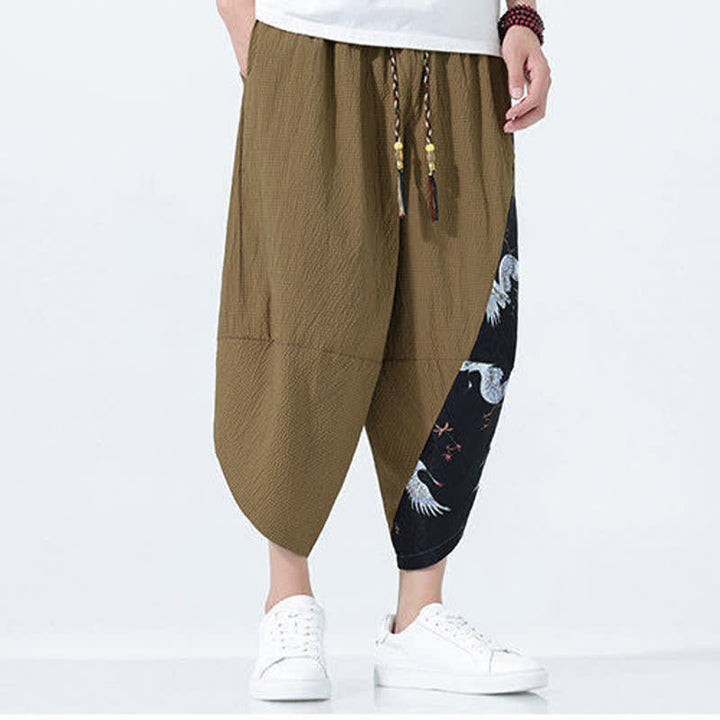 Buddha Stones 夏用ドローストリングタッセル鶴柄メンズハーレムパンツ - image 2