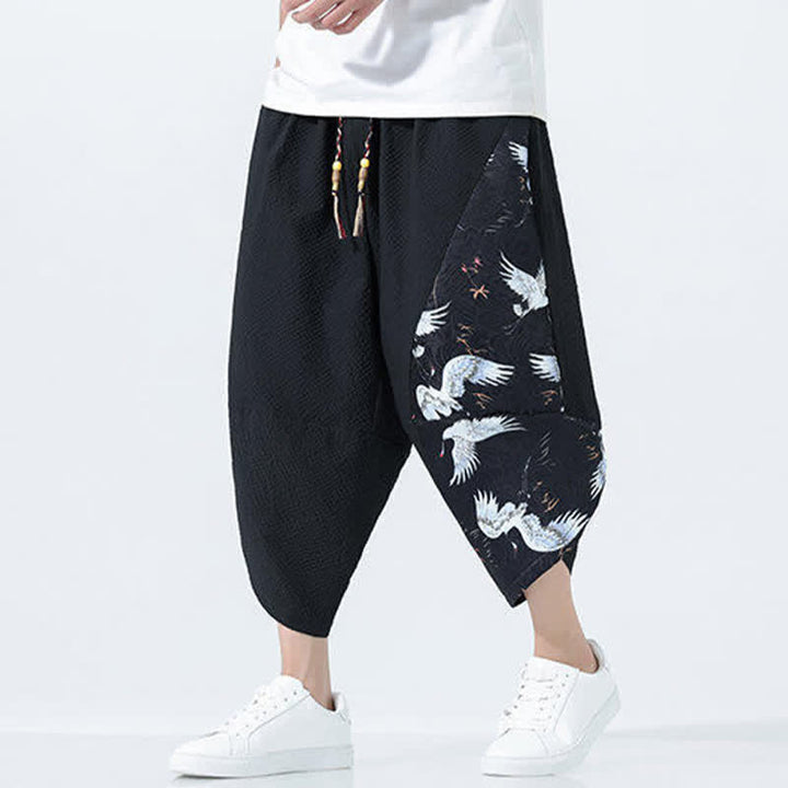 Buddha Stones 夏用ドローストリングタッセル鶴柄メンズハーレムパンツ - 黒 - US/UK/AU46、 EU56 (5XL) - image 8