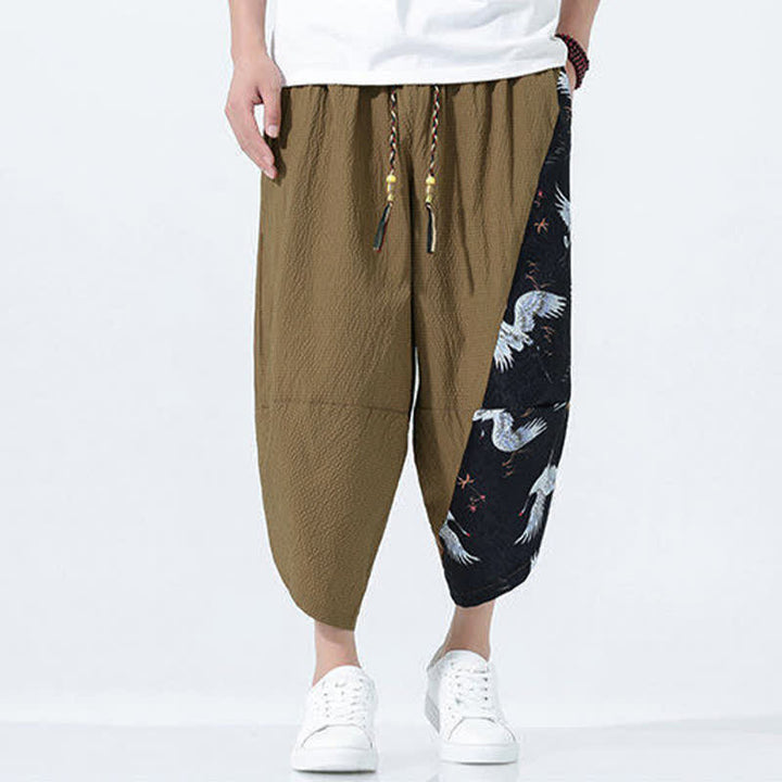 Buddha Stones 夏用ドローストリングタッセル鶴柄メンズハーレムパンツ - image 1
